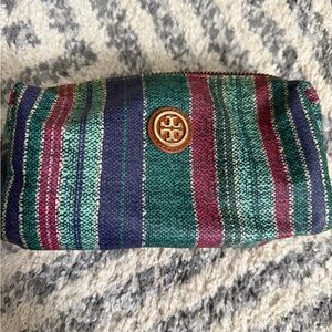 Tory Burch Green and Pink Striped Cosmetic Bag